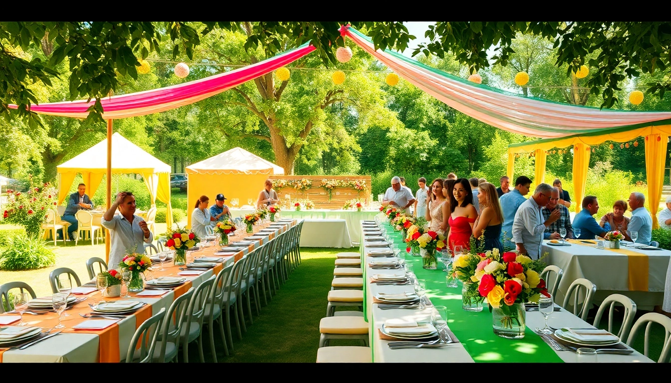 Engaging outdoor party rentals setup featuring colorful tents and joyful guests enjoying the celebration.