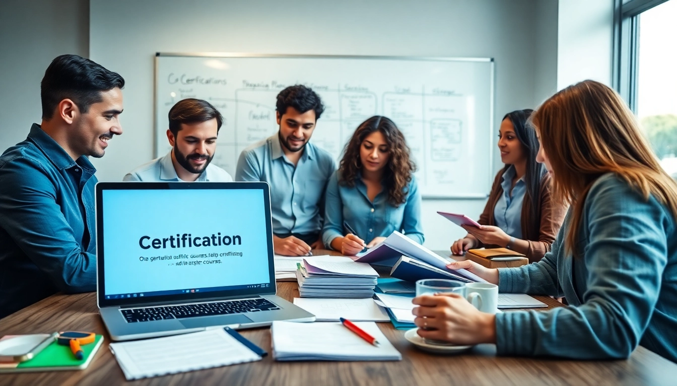 Certification help providers offering guidance in a collaborative office environment.