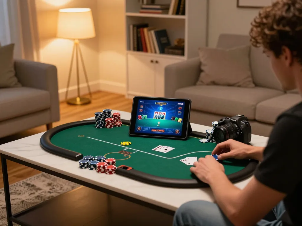 Chơi một trò chơi poker sử dụng Link 12bet trên máy tính bảng trong một không gian phòng khách ấm cúng.