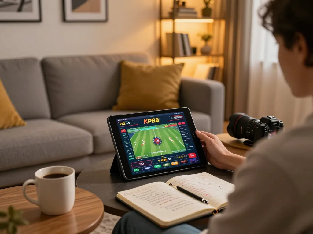 Engaged player using KP 88 on a tablet at home for online sports betting strategies.