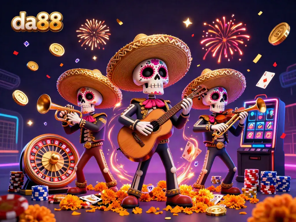 Experience the exciting world of da88 with vibrant mariachi skeletons amidst golden coins and sparkling gems.