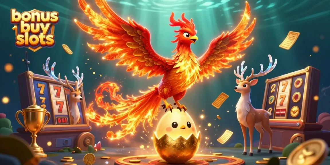 Engage with bonus buy slots, featuring vibrant 3D phoenix and slot elements in a dynamic casino scene.