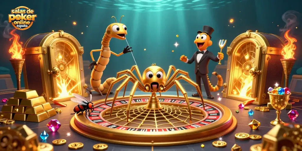 Jugando en salas de poker online España con un crupier y una araña en una escena vibrante.
