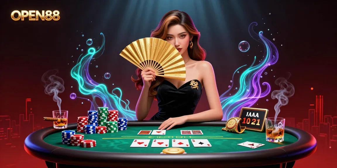 Engage with OPEN88's thrilling poker scene filled with action and vibrant casino elements.
