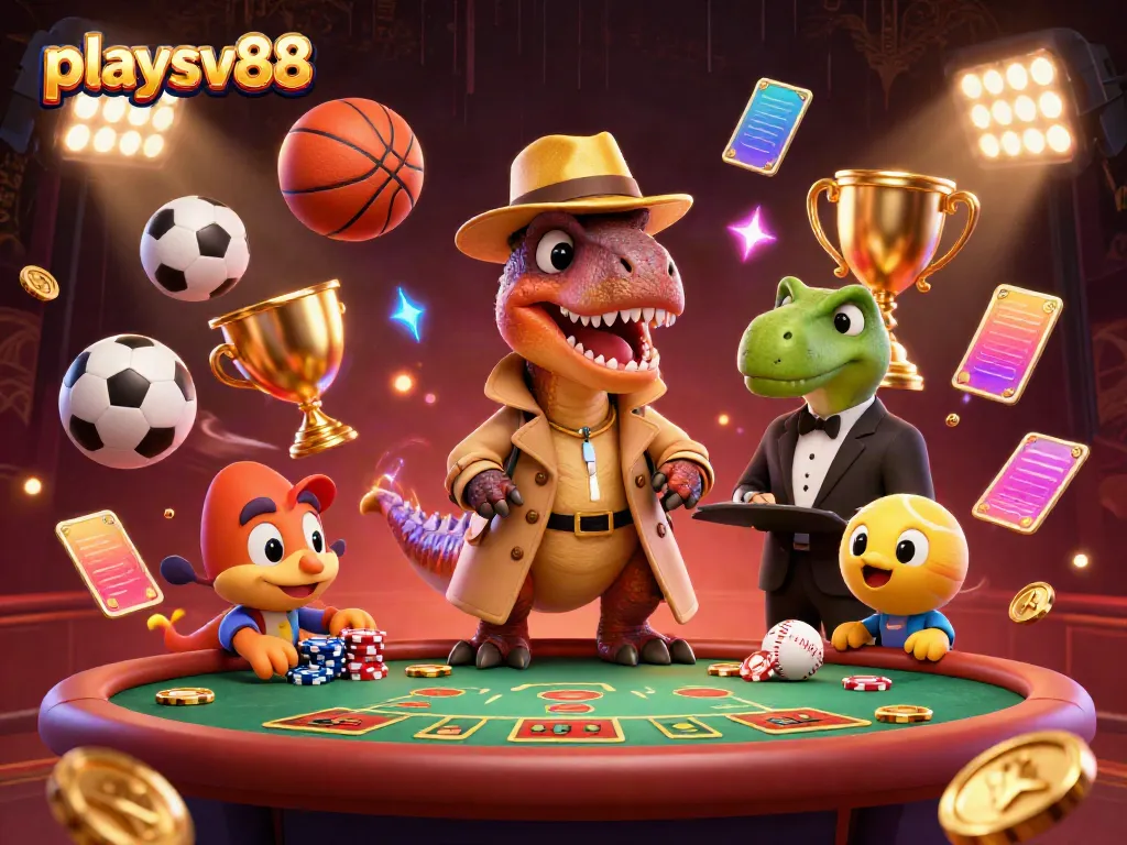 Experience the excitement of playsv88 with a cartoon velociraptor at a blackjack table and a stegosaurus pit boss overseeing the action.