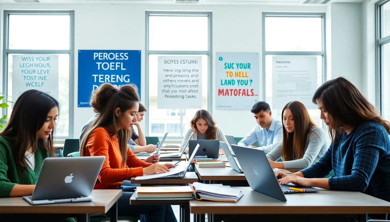 Hire expert TOEFL test takers for hire studying in a bright classroom.