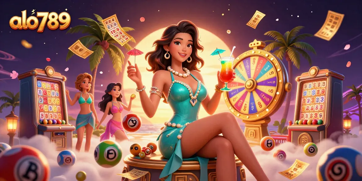 Alo789 offers thrilling moments with colorful lottery balls and a glamorous cocktail setting.
