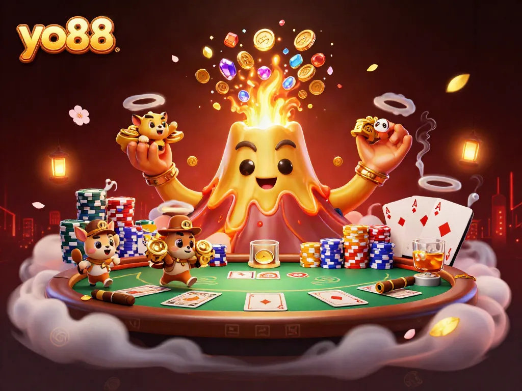 Experience thrilling action with yo88 as treasure erupts from a golden volcano amidst a vibrant casino scene.