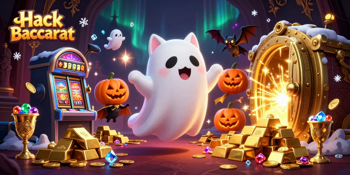 Hack Baccarat illustration showcasing a ghost cat and vampire bat in a haunted casino setting.