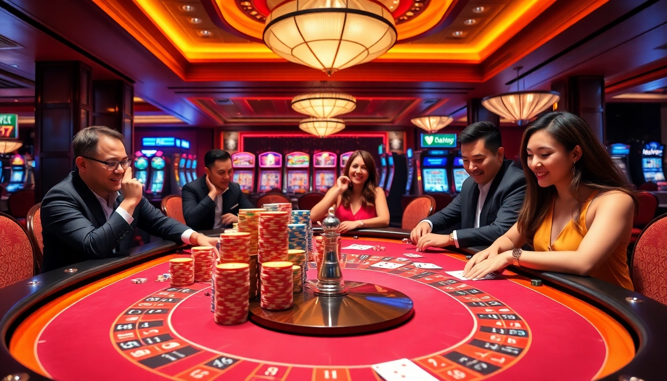 Players enjoying a thrilling game at the U888 casino table, surrounded by vibrant lights and colorful chips.