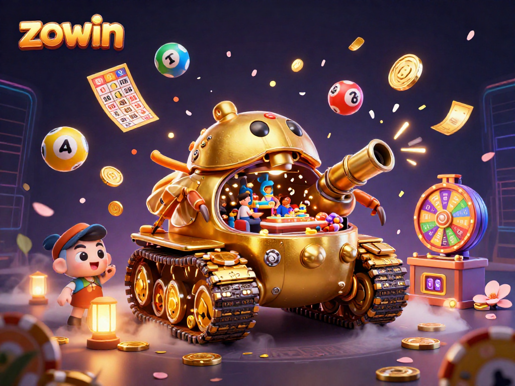 Zowin elevates gaming excitement with a colorful 3D casino scene featuring lottery games.