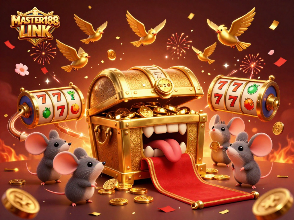 Experience the excitement and treasures of MASTER188 LINK with a vibrant 3D casino scene full of slot machines and festive fireworks.
