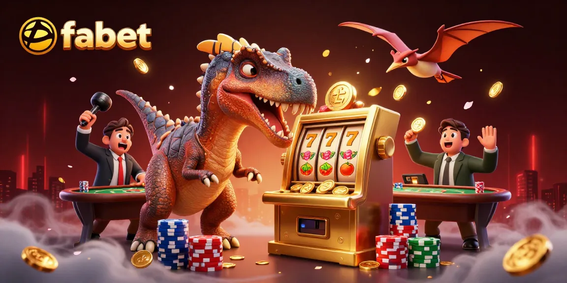 Fabet features a pachycephalosaurus winning a jackpot at a golden slot machine in a lively casino scene.