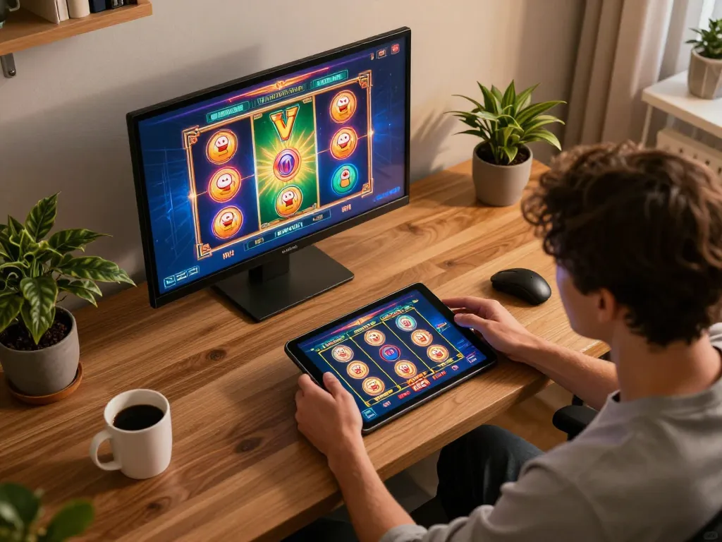 Engaging with QQ888 online slot game interface on tablet at cozy home workspace.