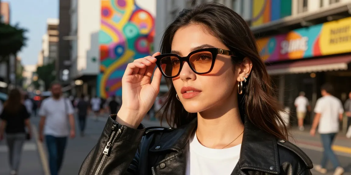 Chic woman wearing óculos de grau feminino in urban setting, showcasing modern style.