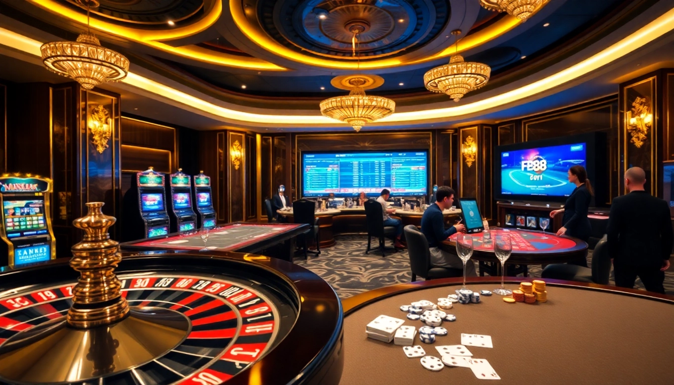 Experience the excitement of Trang Chủ FB88 with high-end casino gaming tables and vibrant slot machines.