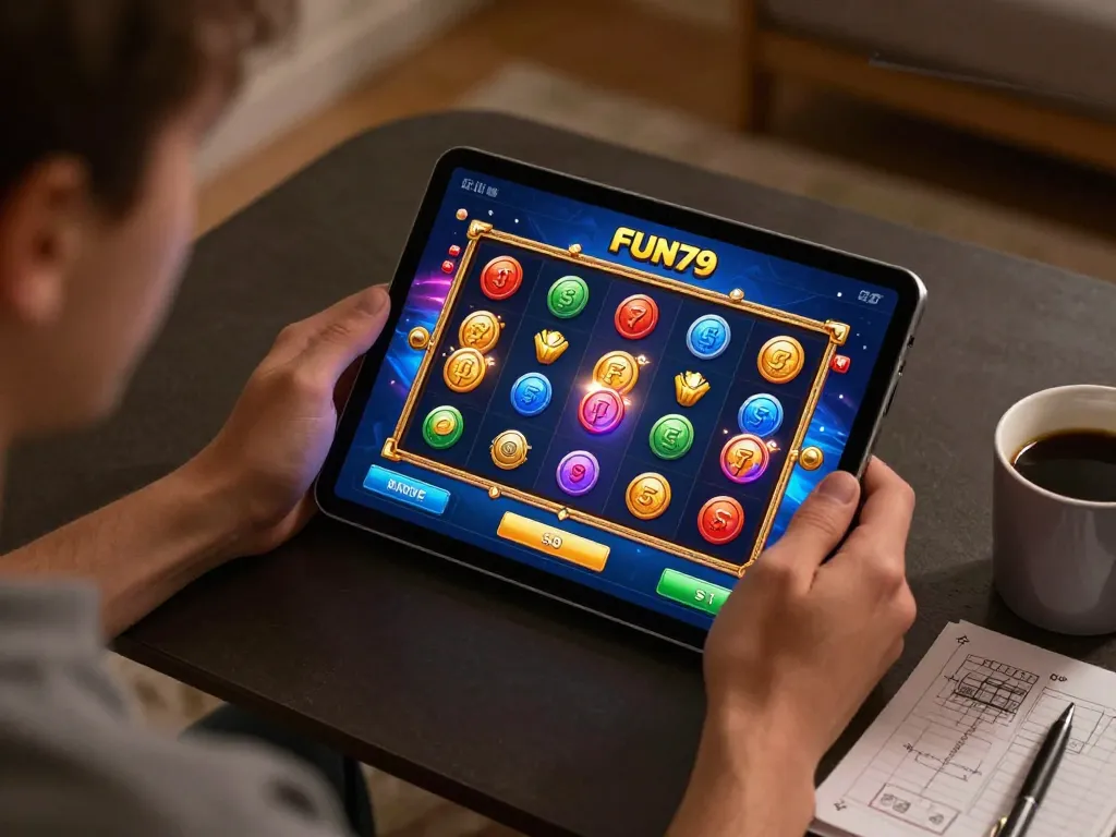Engaging with the FUN79 mobile app showcasing exciting slot game gameplay for strategic home entertainment.
