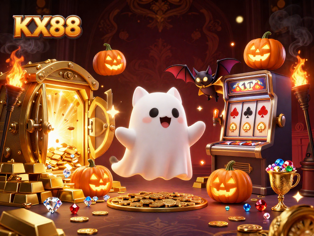 KX88 players engaging with an enchanting ghost cat in a vibrant haunted casino scene filled with treasures.