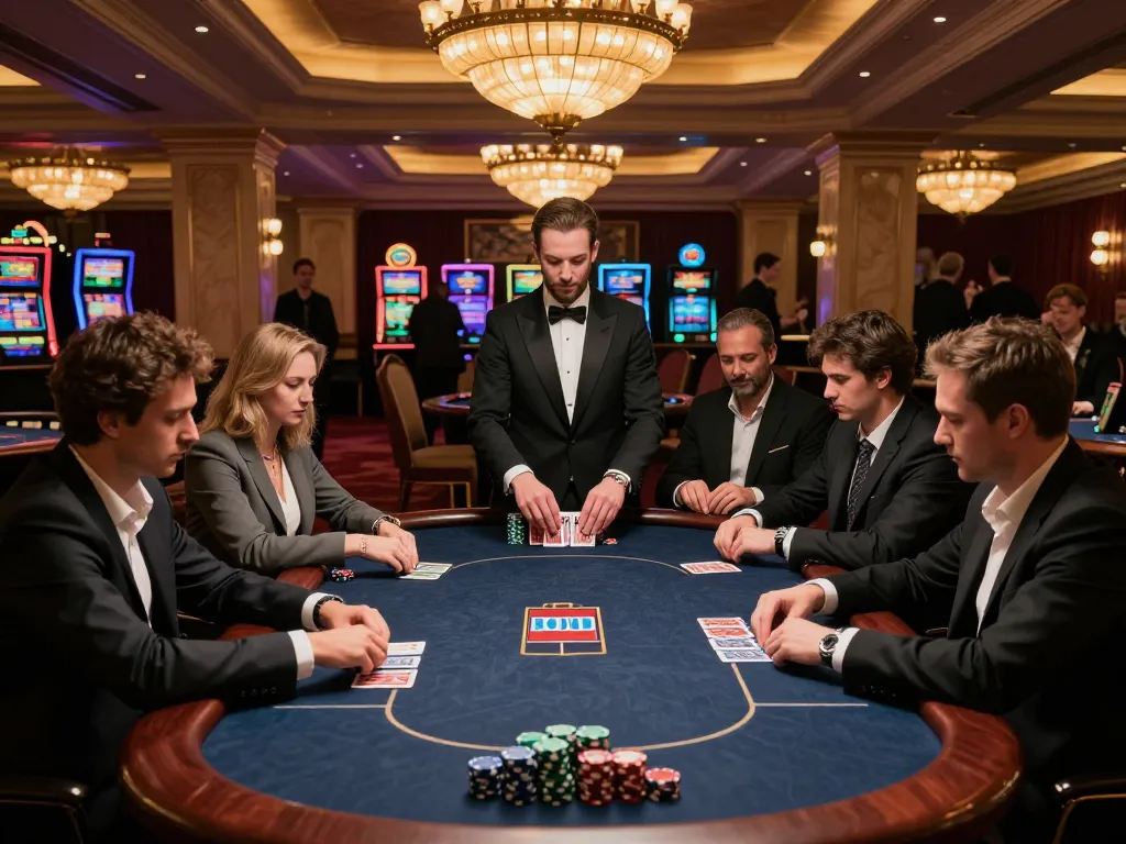 VA88 poker game in a luxurious casino with players focused on their hands and high-stakes bets