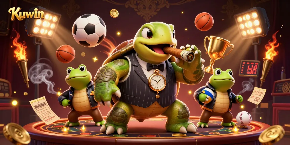 Kuwin casino illustration featuring a snapping turtle mobster and bullfrog enforcers amidst sports-themed elements