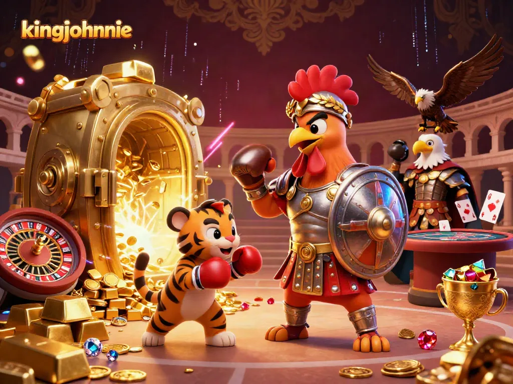 Experience the excitement of kingjohnnie with vibrant live casino action featuring a rooster and tiger in a dazzling scene.