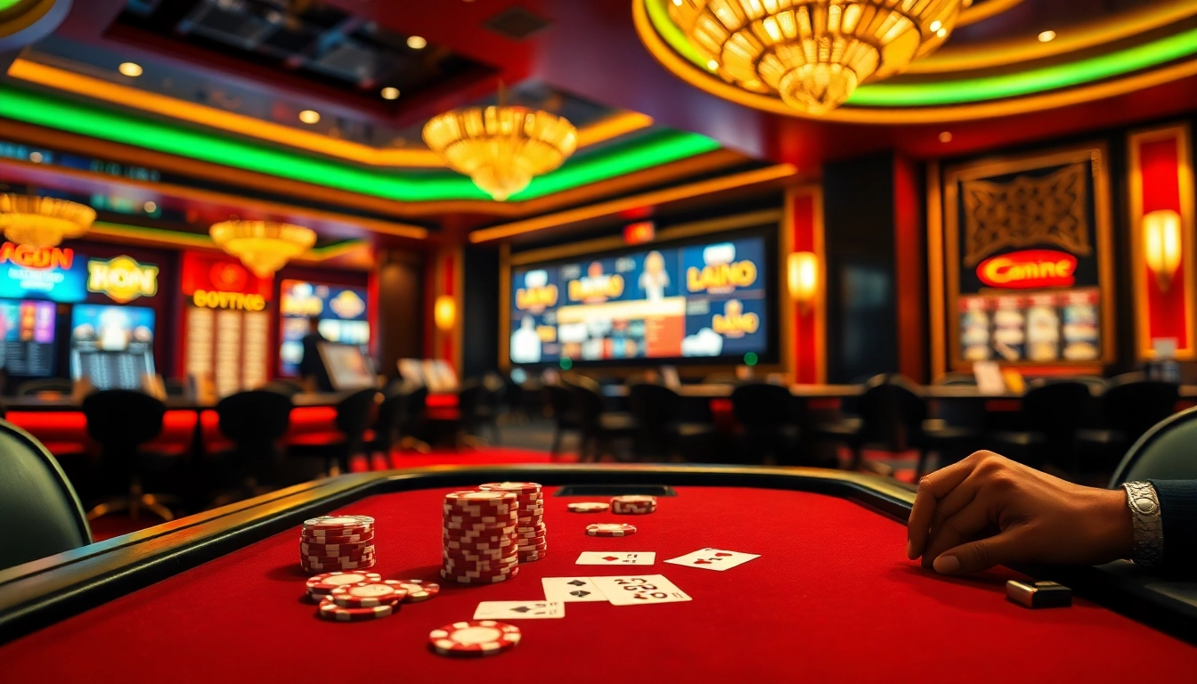 Experience the thrill of 68 game bài with an immersive casino scene featuring vibrant gaming tables and poker chips.