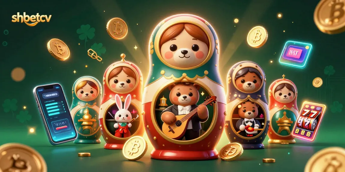 Engage with shbetcv's thrilling 3D casino experience featuring Matryoshka bears and vibrant crypto elements.