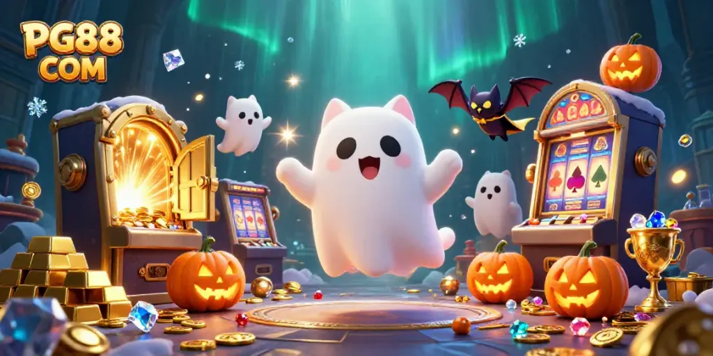Engage with PG88 COM in a whimsical haunted casino adventure featuring a friendly ghost cat and treasures.