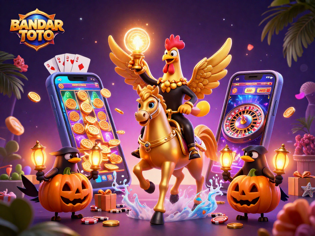 BANDAR TOTO offers a vibrant casino experience with golden rooster character and exciting gambling elements.