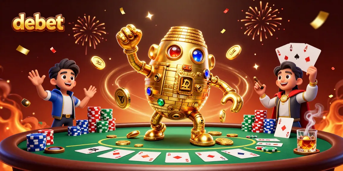 Play debet at a vibrant casino with a golden golem and poker elements in dazzling 3D.