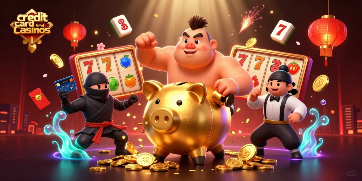 Engage with credit card casinos featuring a sumo wrestler and ninja, surrounded by vibrant slot elements.