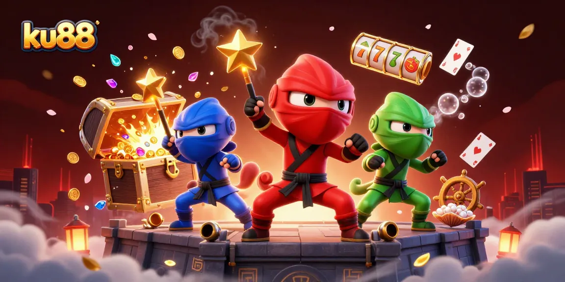 Experience thrilling slot action with ku88's dynamic chameleon ninjas surrounded by treasure.