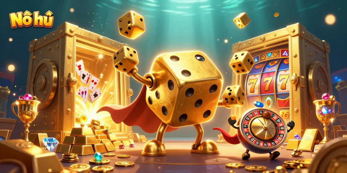 Nổ hũ showcases golden dice golem and dynamic slot machines, celebrating jackpot excitement.