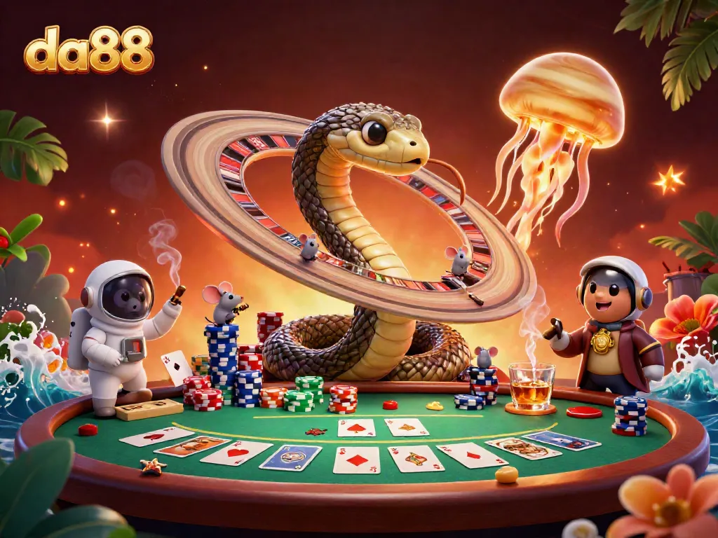 Experience thrilling bets at da88 with a dazzling cosmic casino scene featuring a snake and astronaut mice.