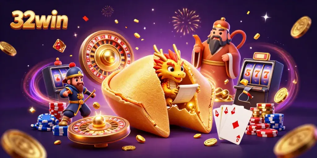 32win showcases a vibrant 3D casino scene with golden fortune characters and festive game elements.