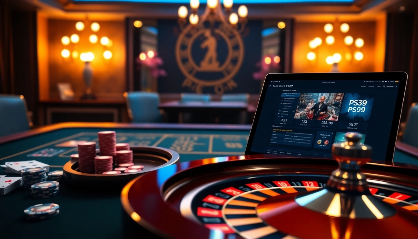 Engage in thrilling online betting at PS99 COM with vibrant casino visuals showcasing poker chips and roulette wheels.