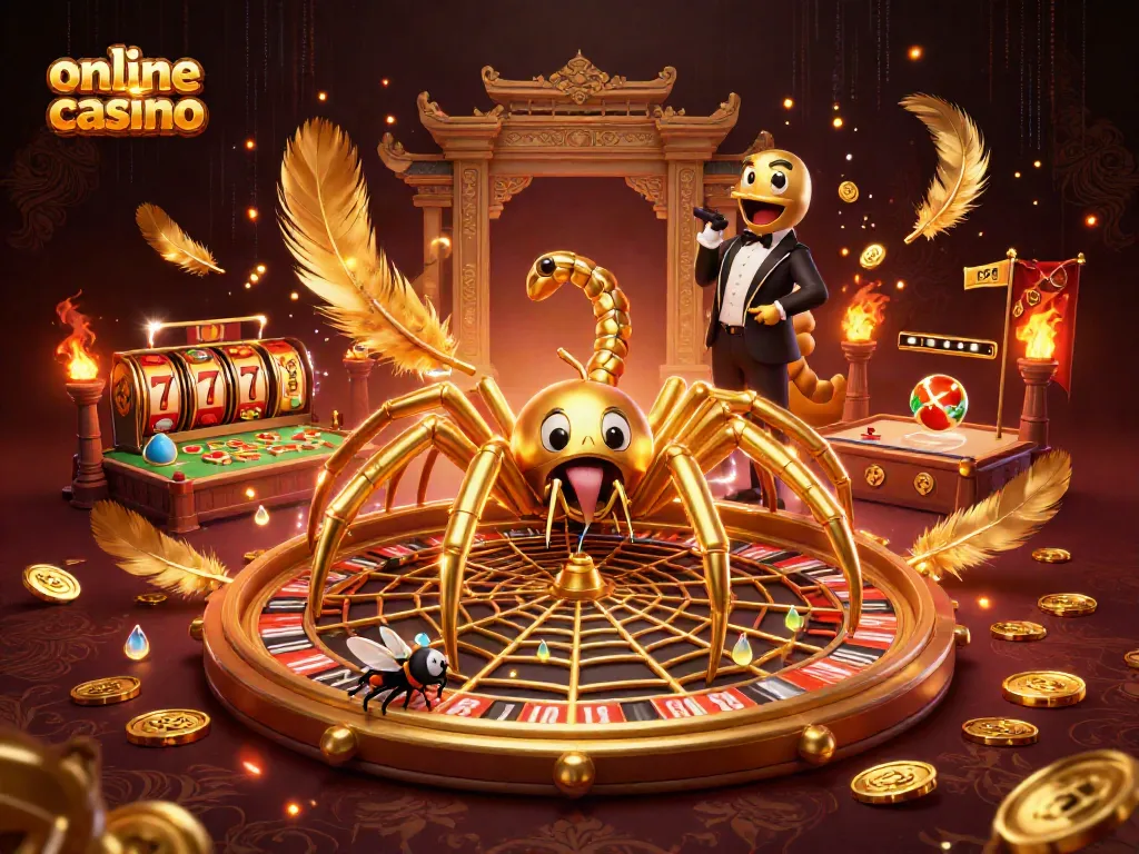 Disfruta de un emocionante casino online con una araña dorada y un crupier ciempiés.