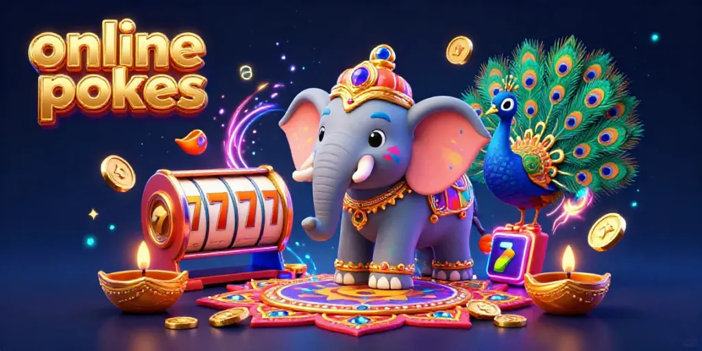 Experience vibrant online pokies excitement with a Diwali-themed elephant and peacock in a colorful casino scene.