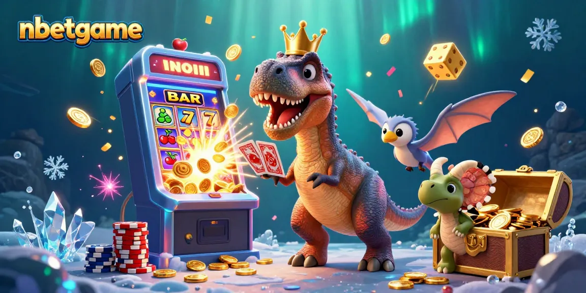 Win big with nbetgame in this vibrant 3D illustration of a T-Rex and friends at a lively casino.