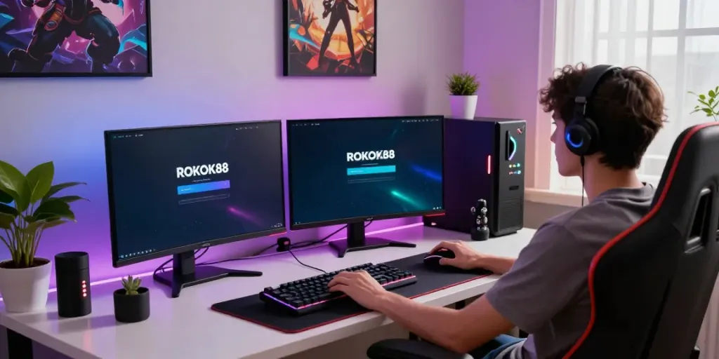 Connecting with ROKOK88 login interface at a modern gaming setup.