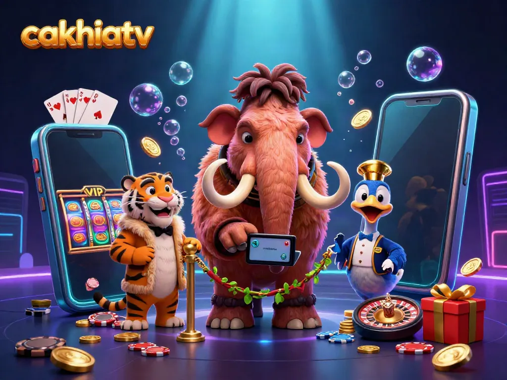 CakhiaTV features a vibrant 3D casino scene with characters interacting around dynamic gambling elements.