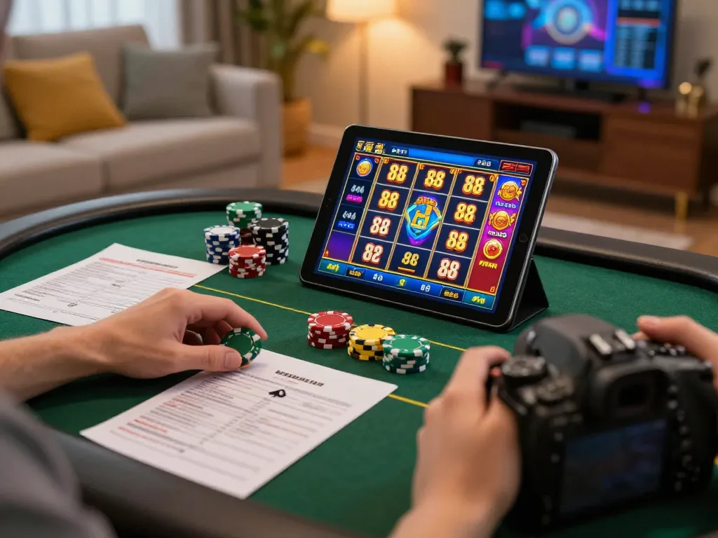 Engaging in dh 88 online slots gameplay with strategy notes and poker chips nearby