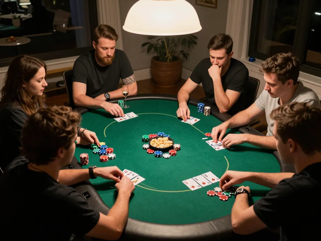 Friends playing poker in an engaging home gaming setup, capturing a fun moment at 壹發娛樂.