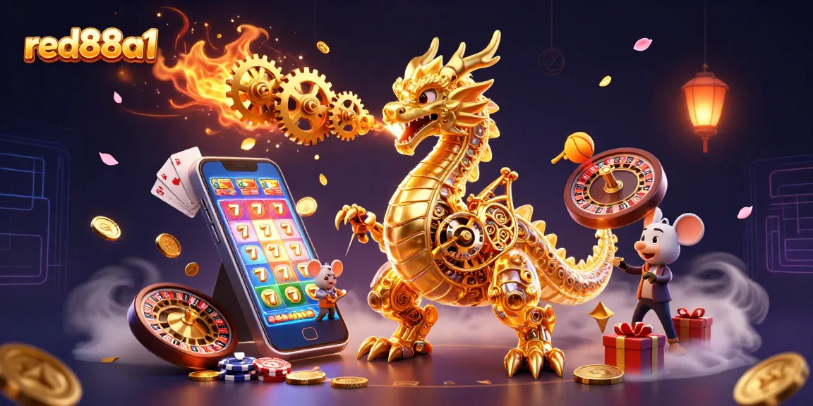 Engage with red88a1's thrilling games featuring a biomechanical dragon amidst dynamic casino elements.