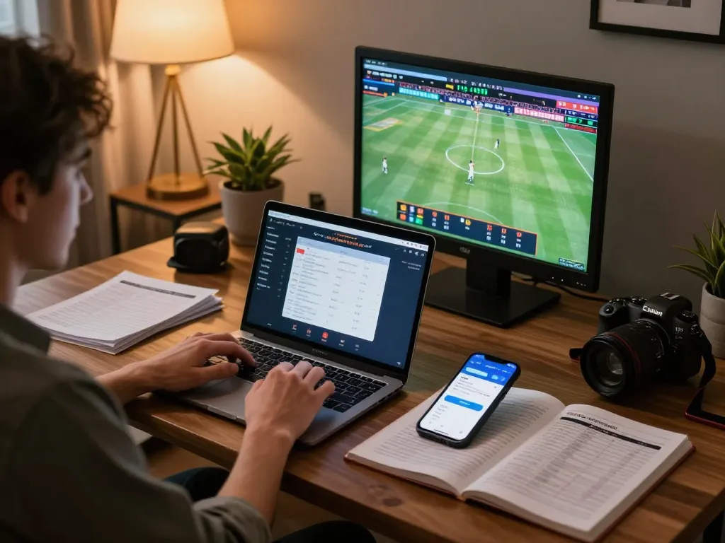 Engaged gambler analyzing odds on keonhacai app during live sports event.