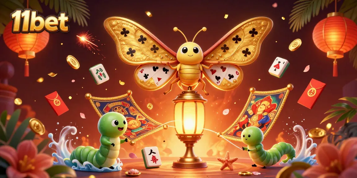 Engage with 11bet's vibrant casino scene featuring a majestic moth and dynamic game elements.