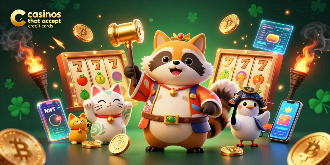 Spin and win at casinos that accept credit cards with vibrant 3D illustration full of playful characters.
