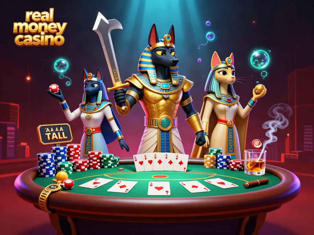 Experience thrilling gameplay at the real money casino with Anubis and Bastet among poker chips and cards.