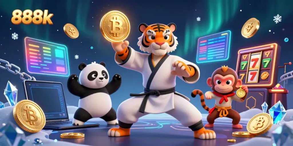 Engage in thrilling gameplay with 888k's vibrant casino scene including sleek characters and rich elements.