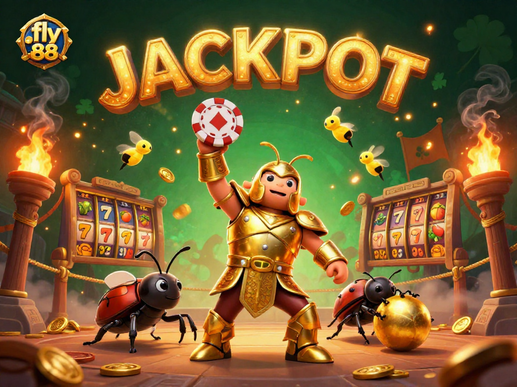 Engage with fly 88 as a cartoon beetle lifts a poker chip in a vibrant casino scene.